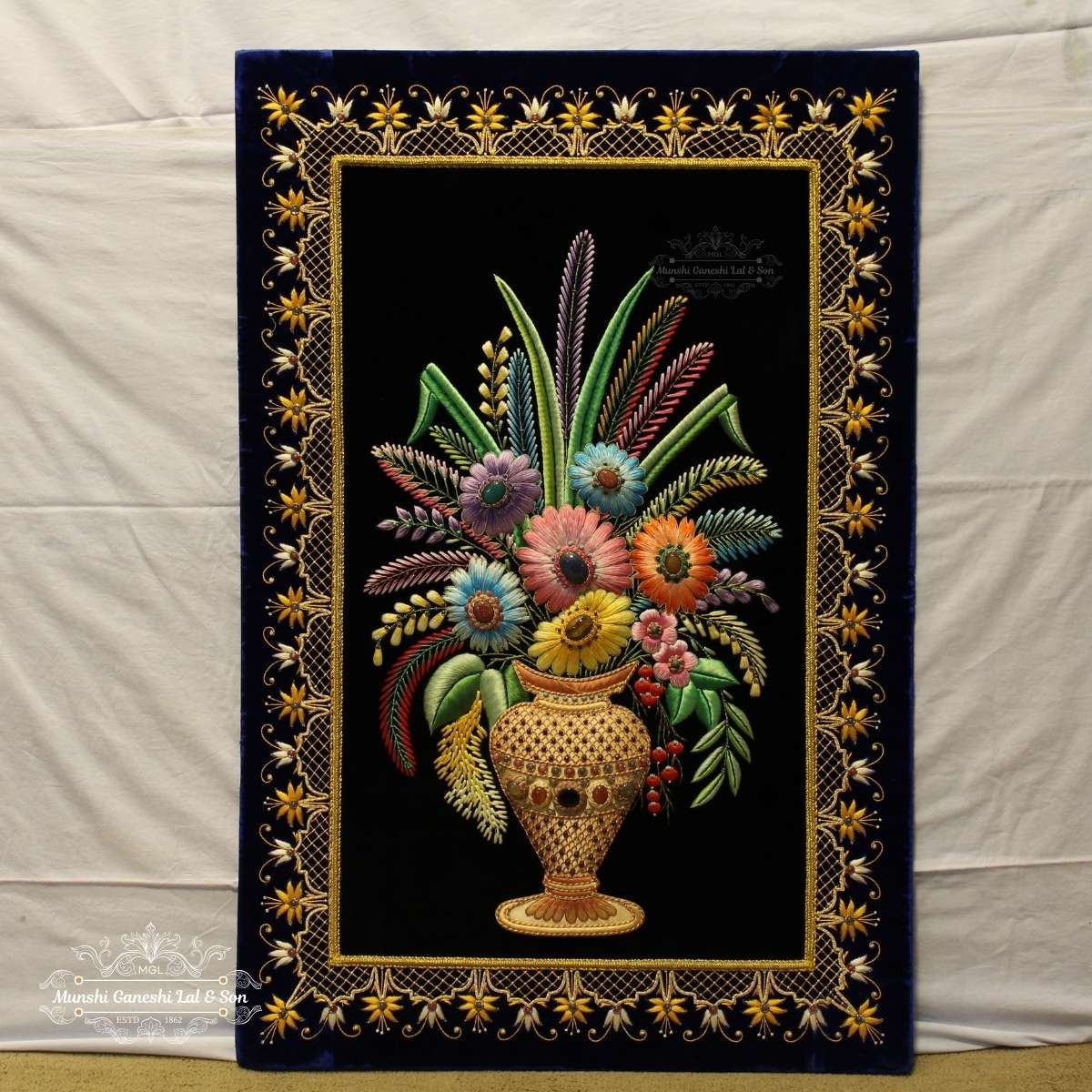 Hand Embroidered Flower Pot Art Work
