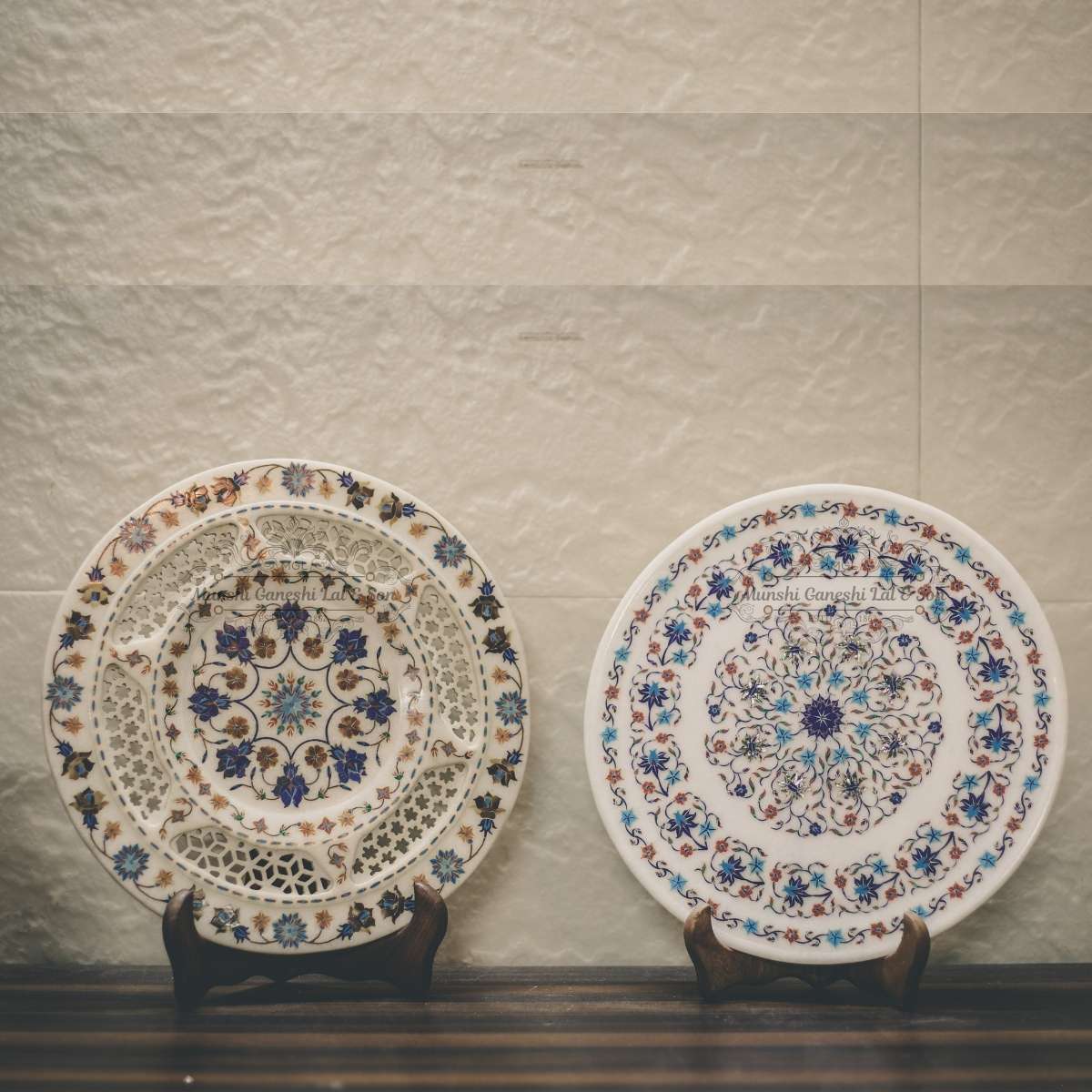 Set of Two White Marble Stone Inlay Plates