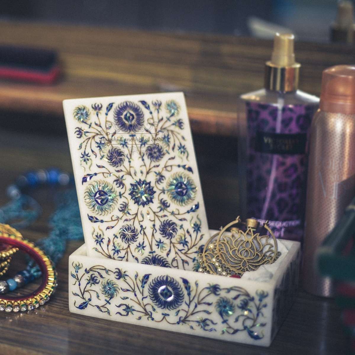 White Marble Jewellery Box with Blue and Golden Colour Design